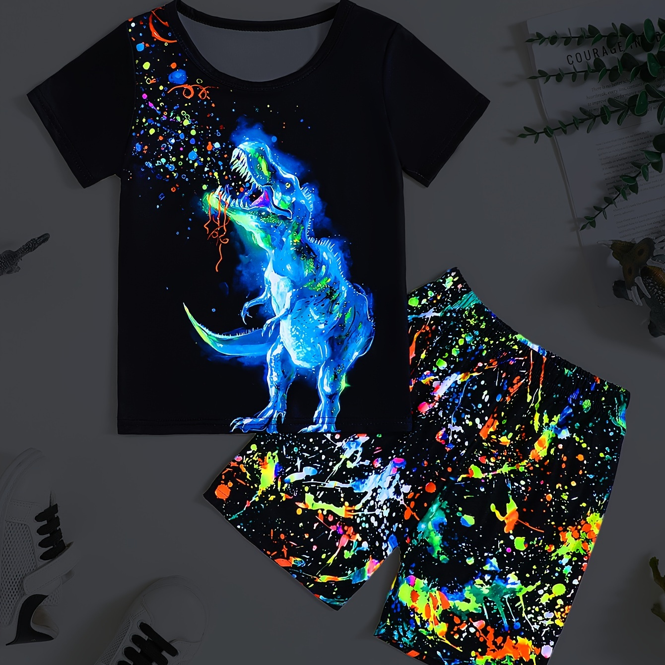 

2pcs Boys Casual Luminous Colorful Splash Ink T-rex Print Comfortable Versatile Short Sleeve T-shirt & Shorts Set, Cool, Lightweight And Comfy Summer Clothes!