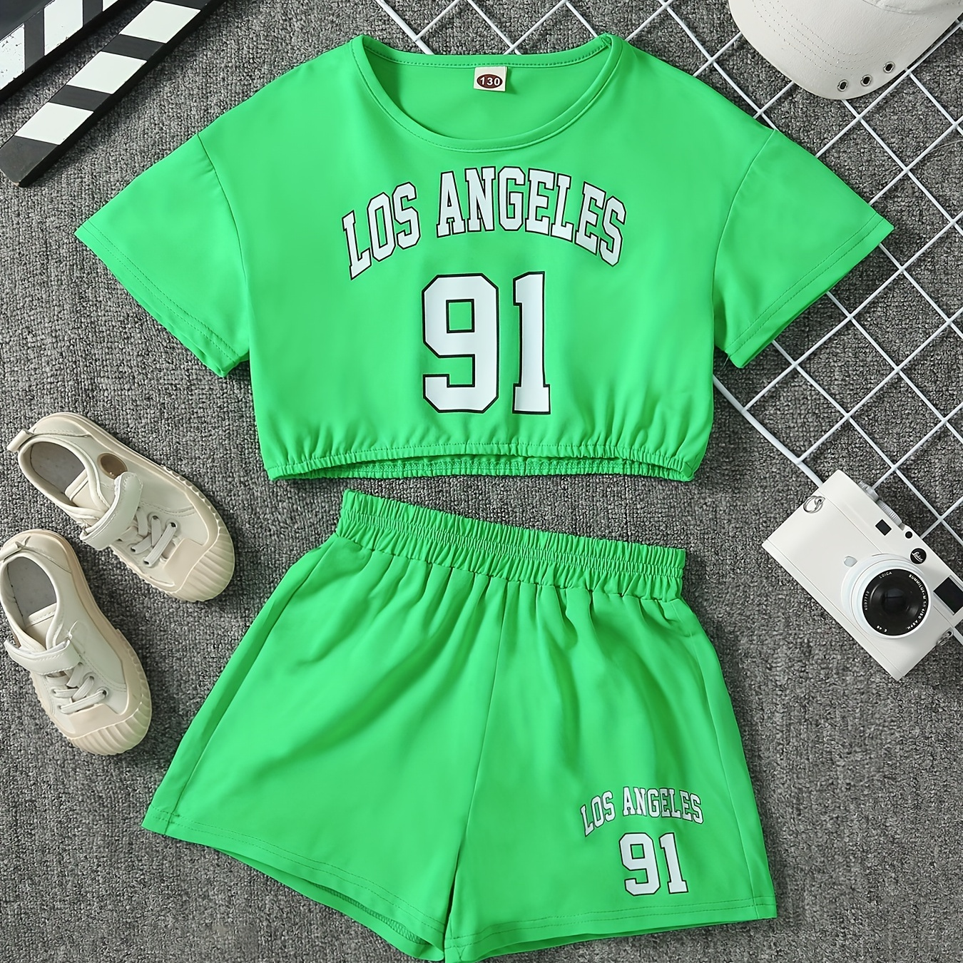 

Girl's Casual Sportswear Fluorescent Green Letter Printed Suit Round Neck Short Sleeve Top + Shorts Summer Elastic Suit