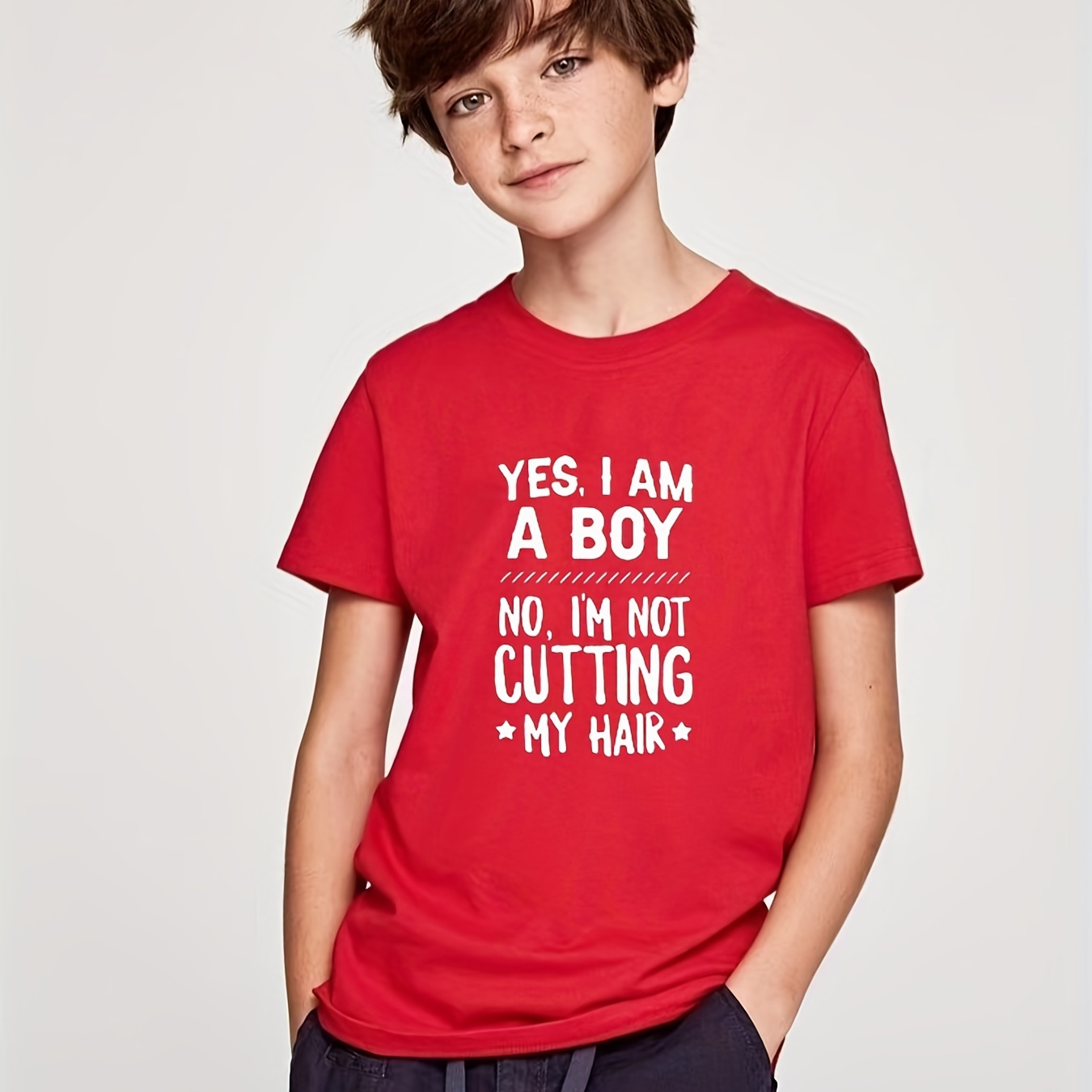 Boys "No I'm Not Cutting My Hair" Print T-Shirt, Casual Comfortable Short Sleeve Tees Tops For Toddlers Kids Children Summer