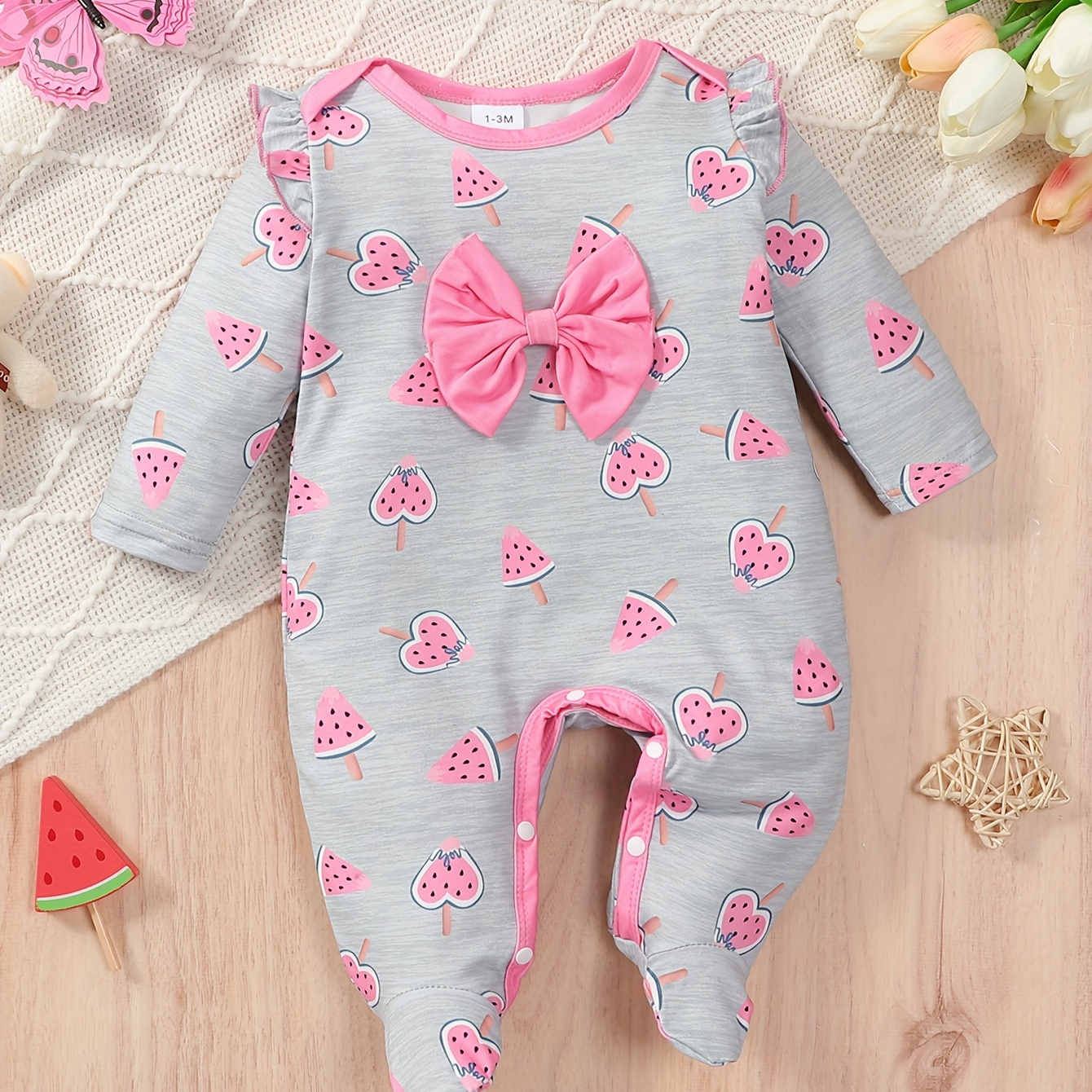 

Newborn Baby's Bowknot Decor Footed Bodysuit, Casual Watermelon Pattern Long Sleeve Romper, Toddler & Infant Girl's Onesie, As Gift