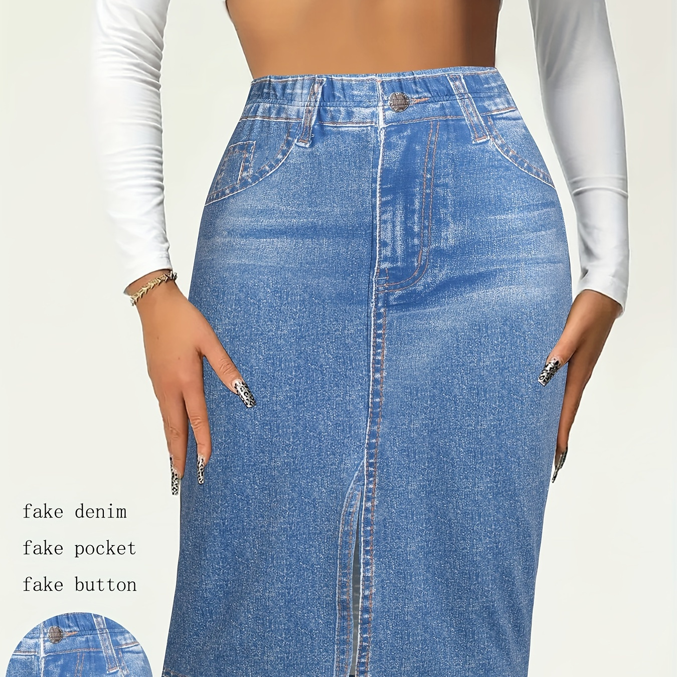 

Fashionable Mid-length Skirt With Geometric Pattern, Featuring Fake Denim, Pocket, And Button Details