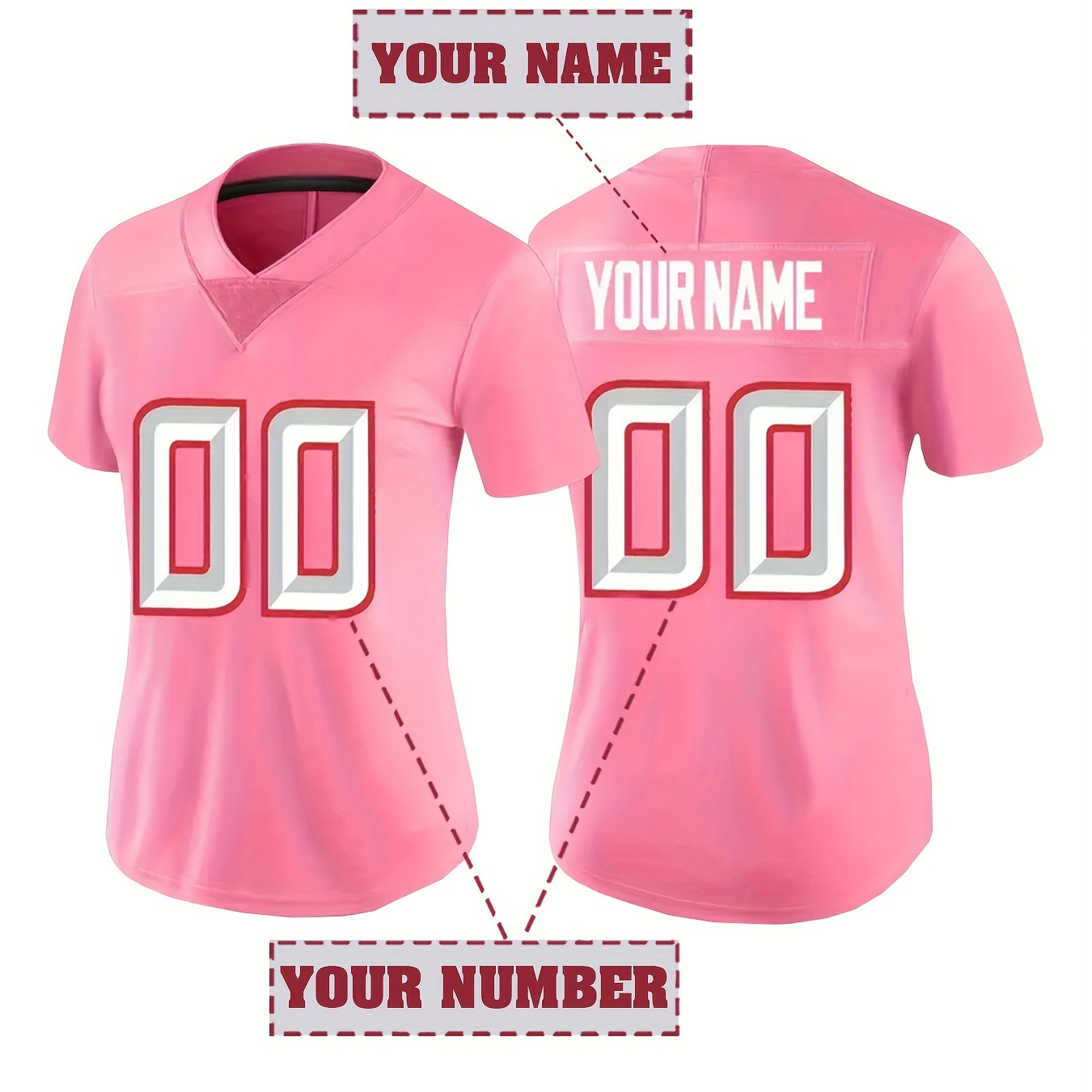 

Customizable Women's Pink Football Jersey, Polyester V-neck Sports Jersey With Embroidered Letter & Number, Non-stretch Knit Fabric, Short Sleeve, For Casual & Party Wear