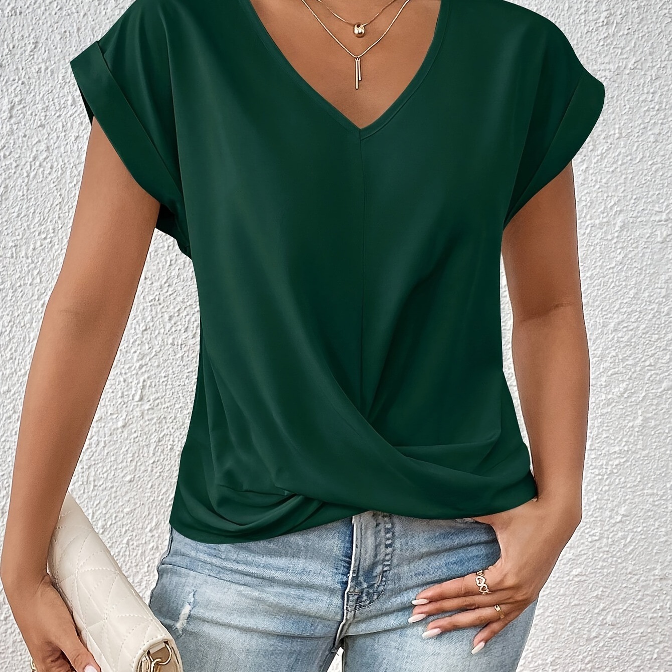 

Solid V-neck Cross Blouse, Versatile Batwing Sleeve Blouse For Spring & Summer, Women's Clothing