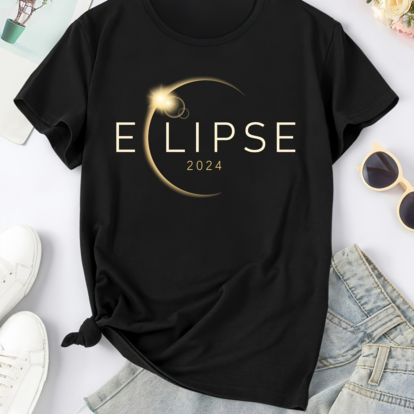 

Sunlight 2024 Elipse Letter Print Sports Tee, Short Sleeves Round Neck Casual Workout T-shirt Top, Women's Activewear