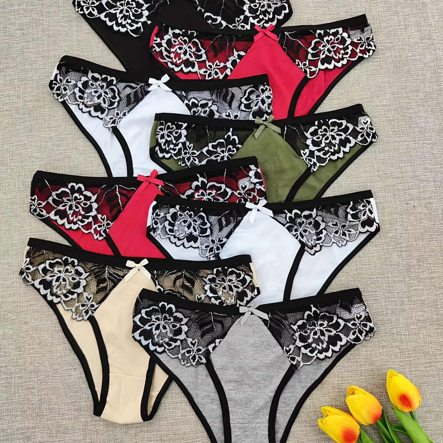 

8pcs Floral Lace Contrast Low Waist Briefs, Elegant Bow Decor Cotton Intimate Panties, Women's Lingerie & Underwear