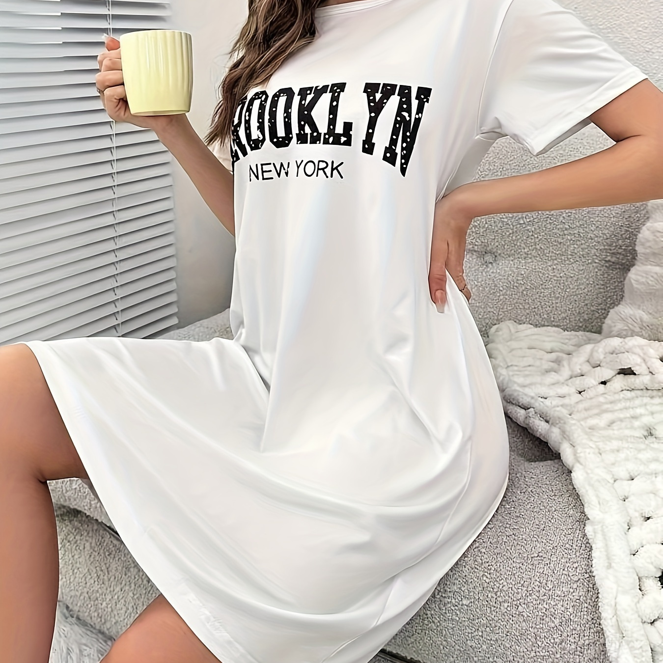 

Crinkle Letter Print Nightgown, Casual Short Sleeve Round Neck Loose Fit Tee Dress, Women's Sleepwear