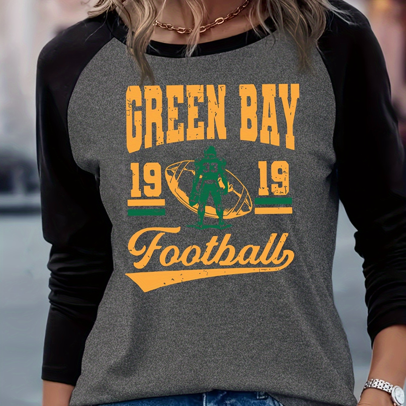 

Women's Casual Long Sleeve T-shirt With Football Print - Crew Neck, Stretchy Polyester , Machine Washable