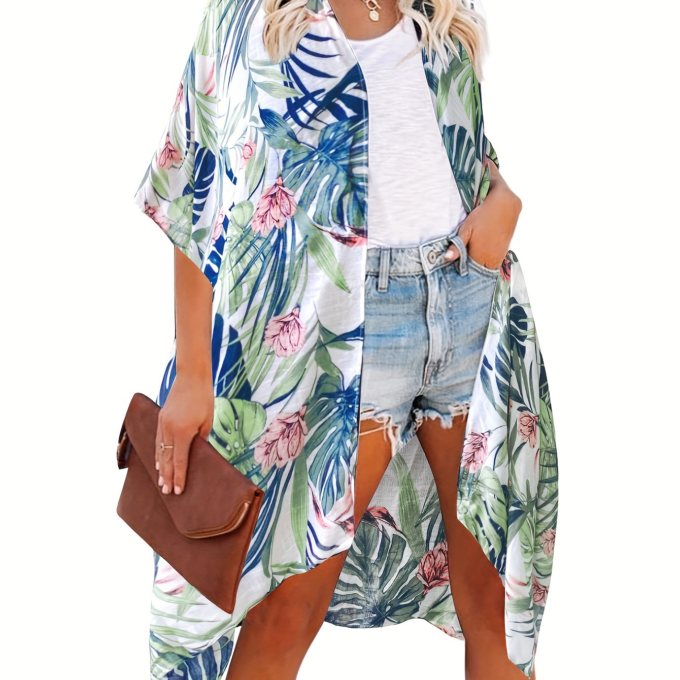 

Tropical Print Vacay Cover Up, V Neck Semi-sheer Beach Kimono Cardigan, Women's Swimwear & Clothing