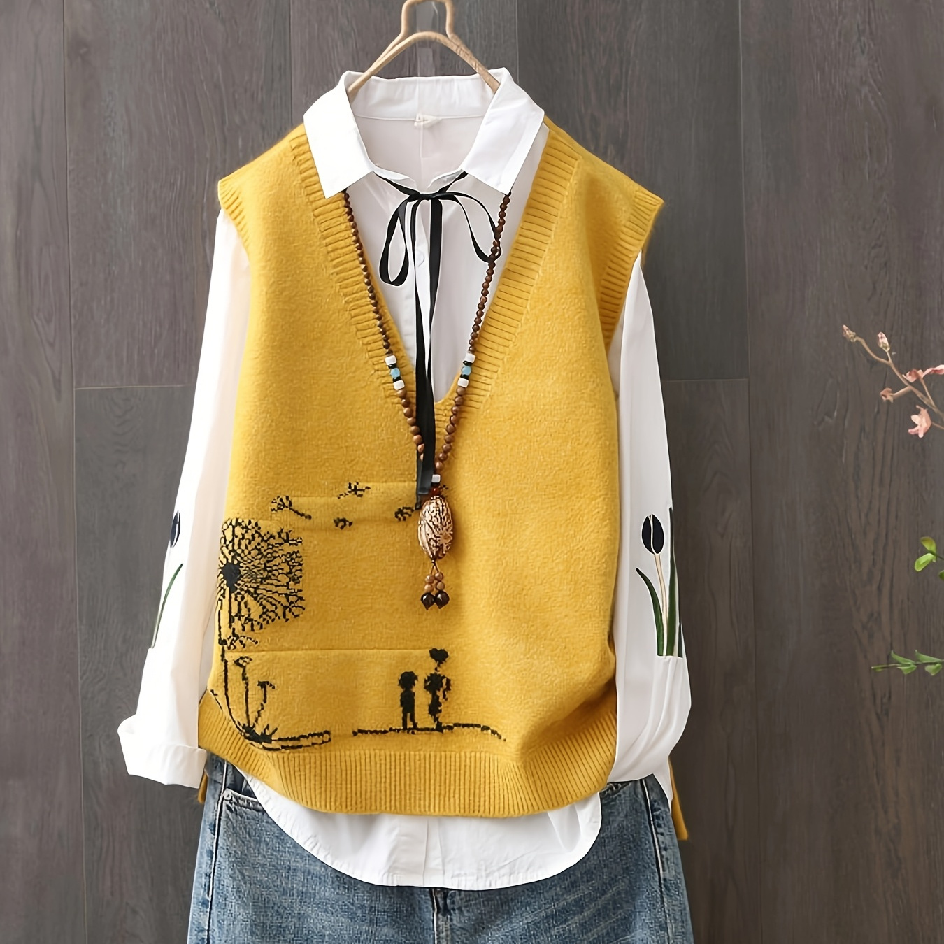 

Tj22699 Women's Vest With A V-neck, Knitted, Casual And Loose-fitting Sleeveless Sweater Top For A Literary Style.