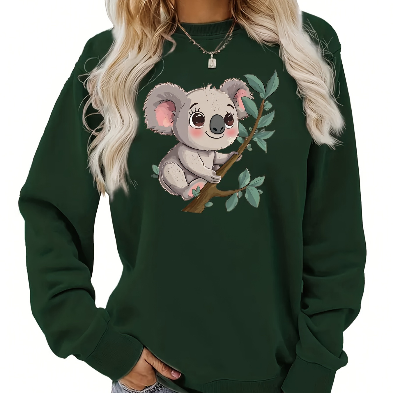 

Women's Casual Crew Neck Koala Print Sweatshirt Polyester Blend Knit Fabric With Slight Stretch For Fall/winter - Long Sleeve Pullover Regular Fit Animal Pattern Sweater