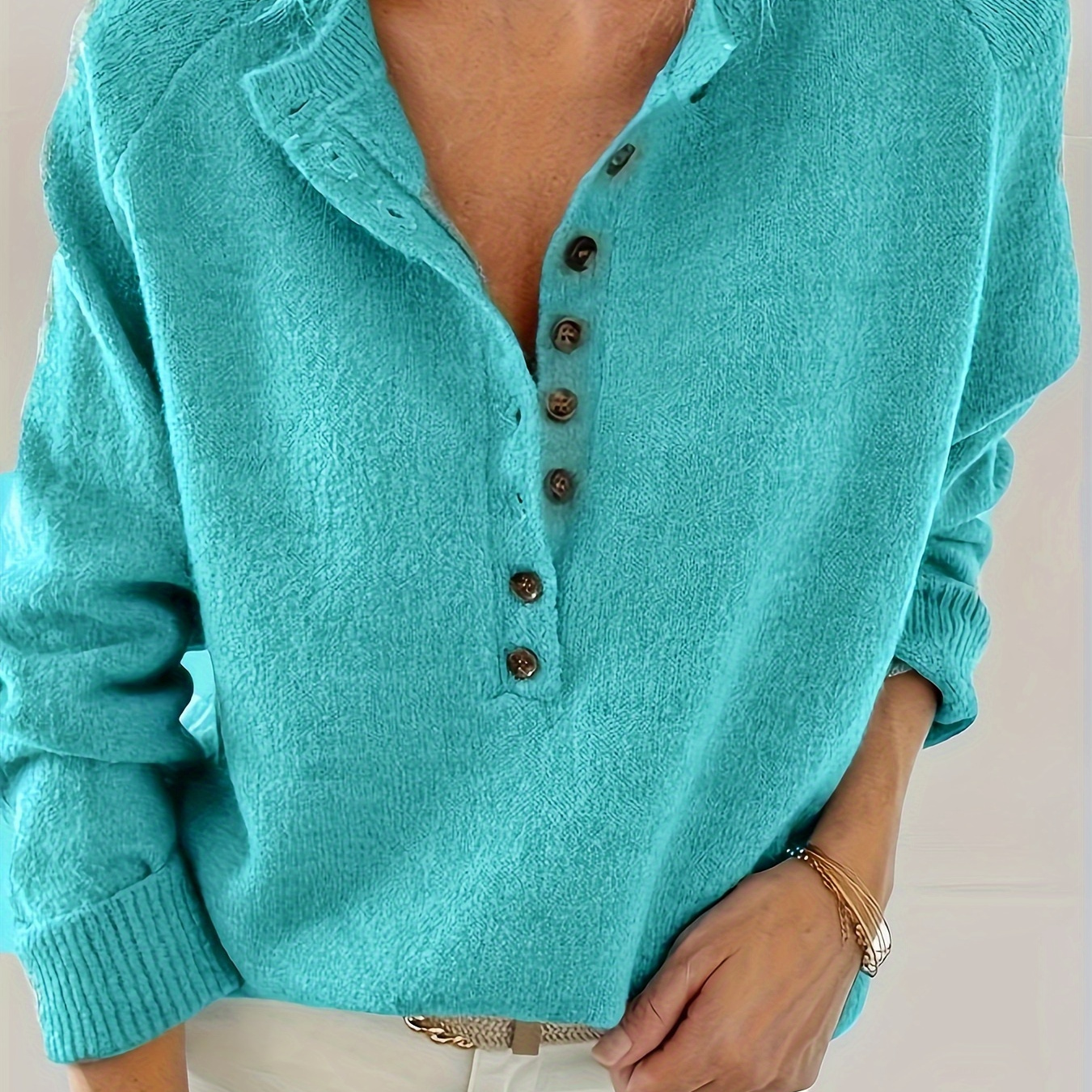 

Chic Button-up Casual Long Sleeve Knit Sweater For Women - Soft Polyester,