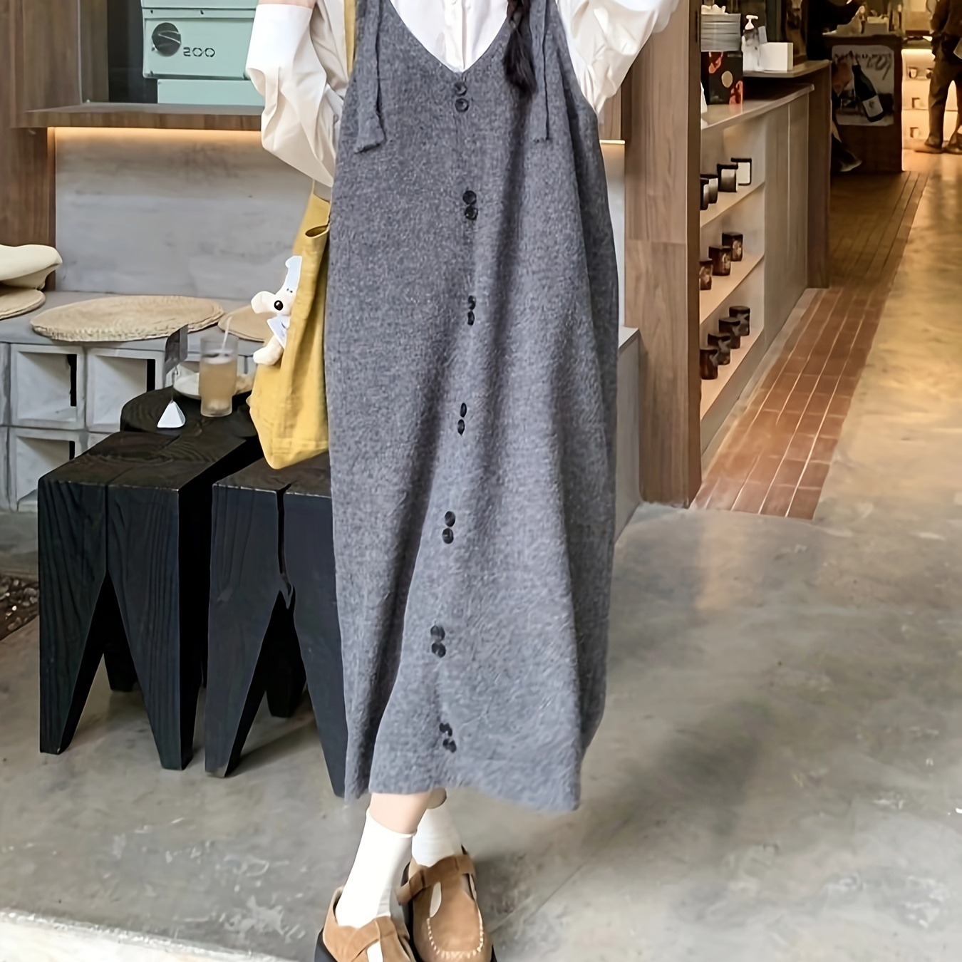 

Autumn And Winter V-neck Elegant Button Loose Long Sweater With Laced Skirt And Knitted Suspenders