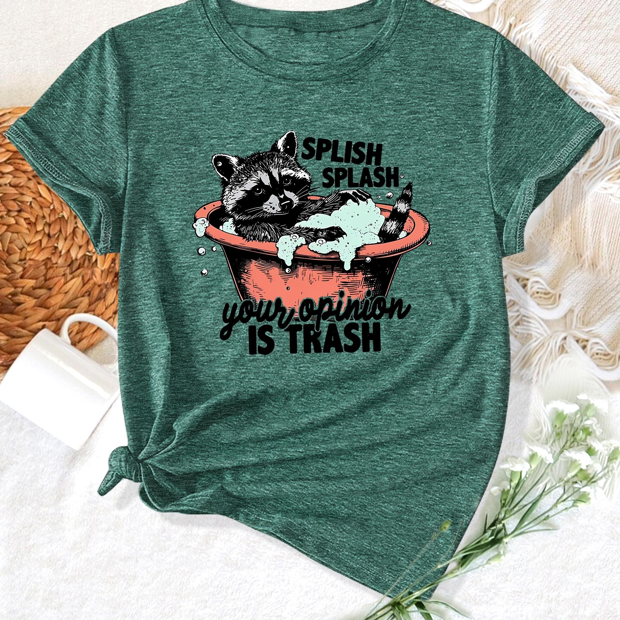 

Raccoon Bath Time Graphic Tee - Casual Crew Neck Cotton Blend T-shirt With Medium Stretch, Animal Print Design For All Seasons - Women's Fashion Vintage Style Short Sleeve Top