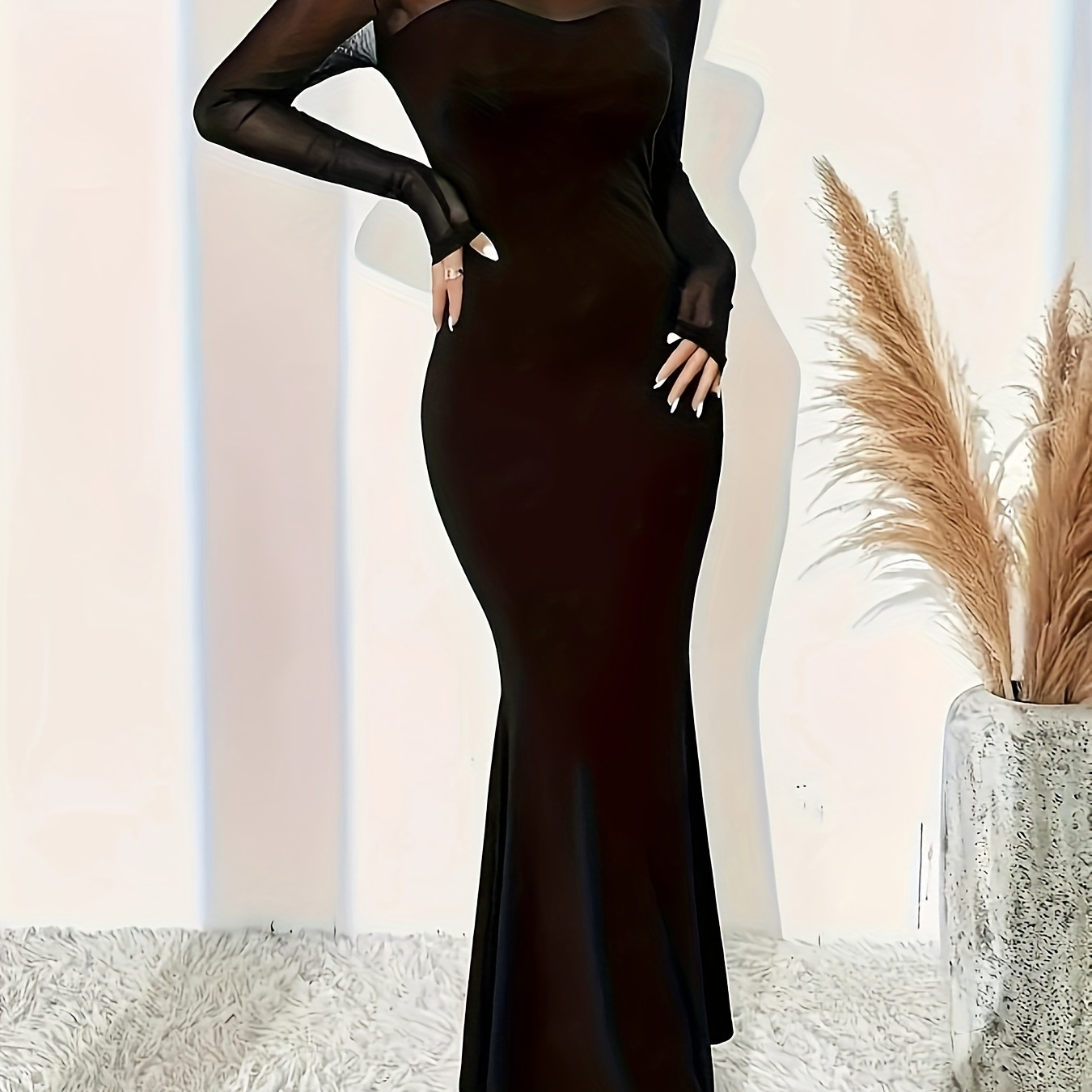 

Mesh Panel Bodycon Maxi Dress, Sexy Long Sleeve Long Sleeve Dress For Spring & Fall, Women's Clothing