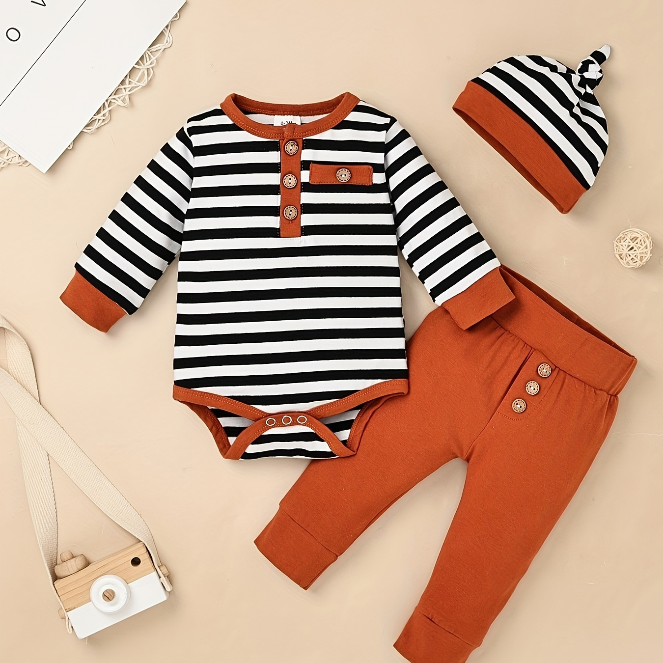 

Newborn Baby Boy Clothes Infant Long Sleeve Striped Romper Pants Hat 3pcs Set Fall Winter Outfits For 0-18months