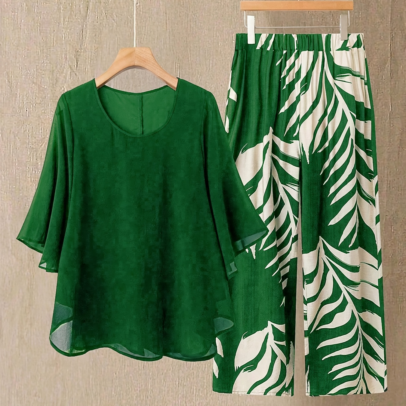TEMU Targeted Development European And American Women's Fashion New Arrival Hot Item Round Neck Chiffon Top With Leaf Print And Long Pants Set