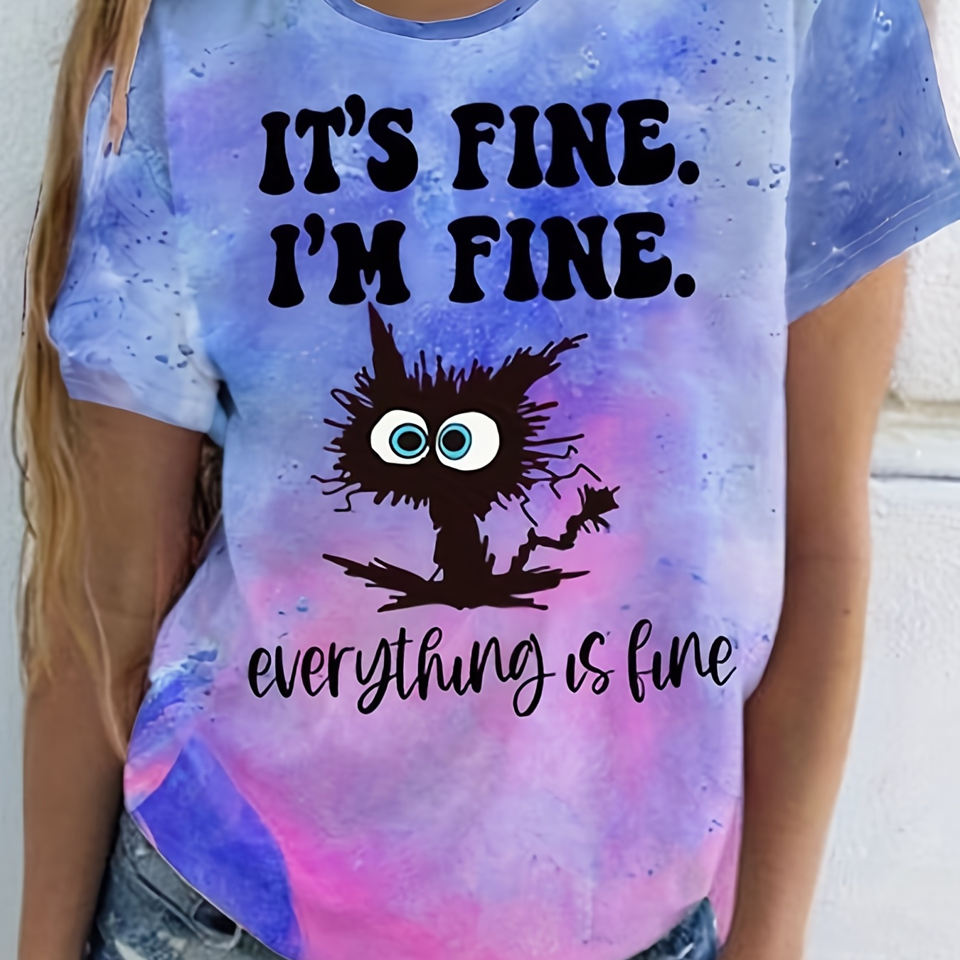 

Plus Size Casual Top, Women's Plus Slogan & Cartoon Print Short Sleeve Round Neck Slight Stretch Top