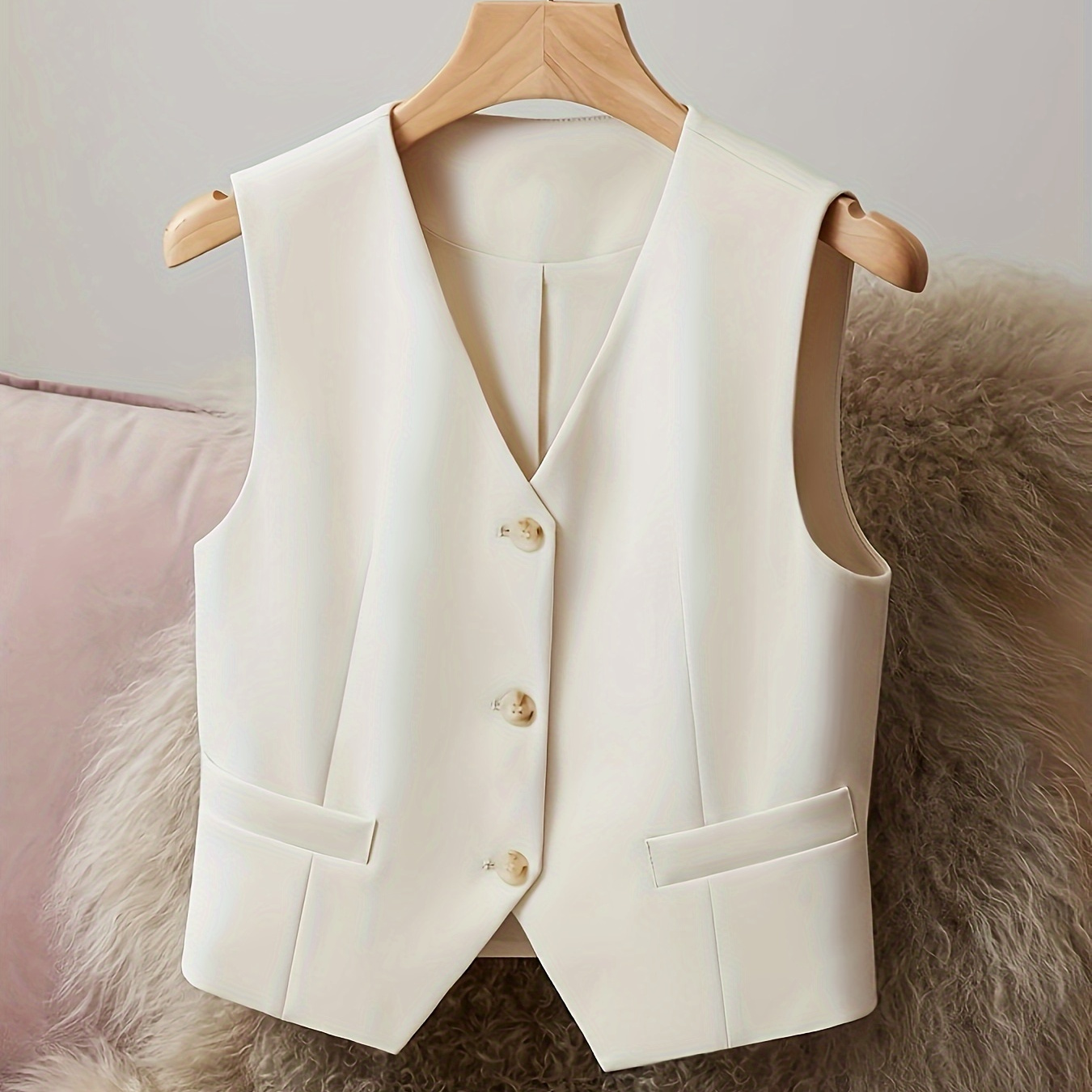 

V Neck Button Front Vest, Elegant Solid Color Sleeveless Vest For Spring & Fall, Women's Clothing