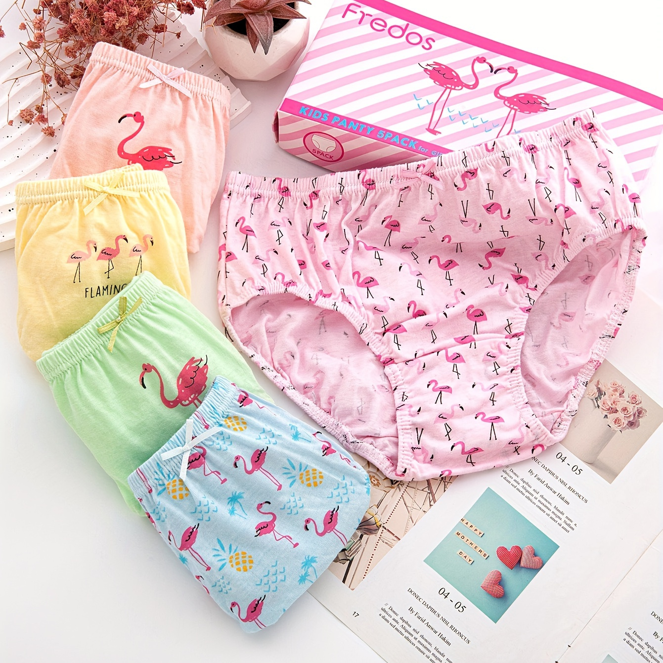 5pcs Girl's Flamingo Print Briefs, Breathable Cotton Panties, Toddler Kid's  Underwear