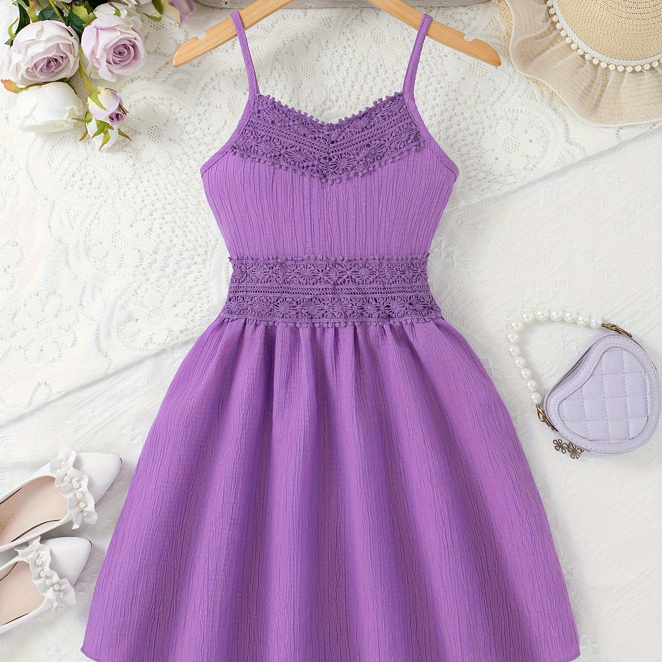 

Girls Spaghetti Strap Boho Lace Neck Sleeveless Solid Dress For Summer Daily Casual Going Out