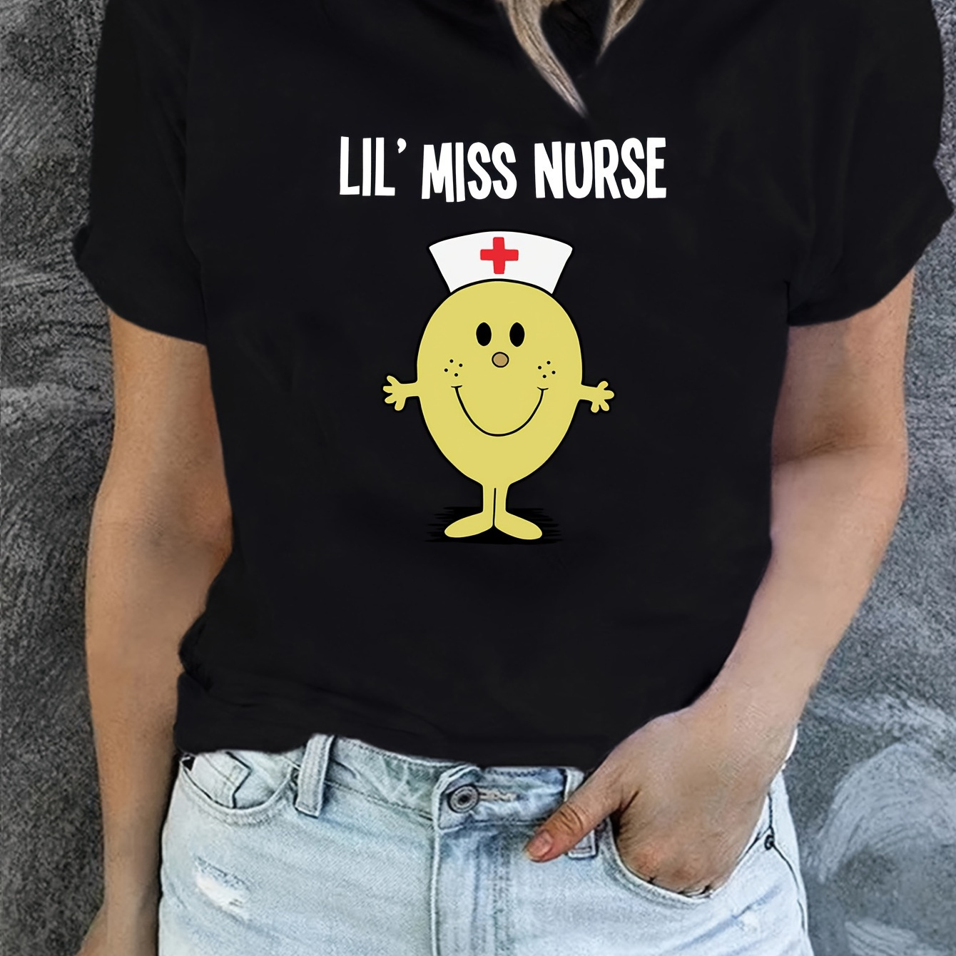

Lil Miss Nurse Graphic Print T-shirt, Short Sleeve Crew Neck Casual Top For Summer & Spring, Women's Clothing