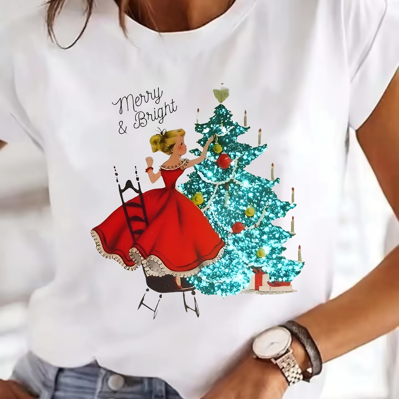 

Christmas Tree Print T-shirt, Short Sleeve Crew Neck Casual Top For Summer & Spring, Women's Clothing