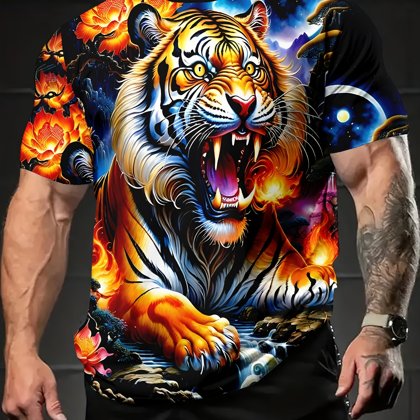 

Tiger And Flowers Short-sleeved Printed Round Neck T-shirt, Summer Men Casual All- Outdoor Short-sleeved Top