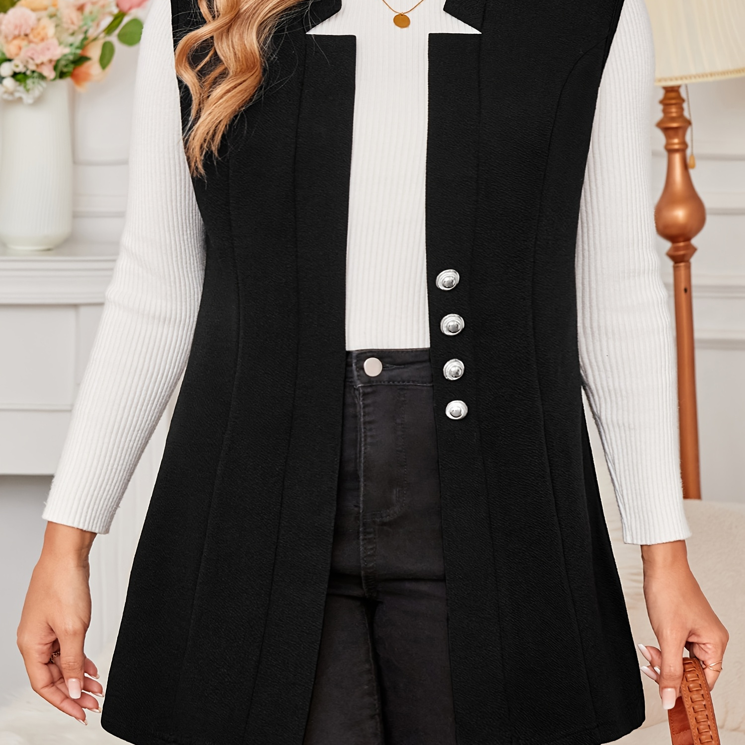 

Size Polyester V-neck Lapel Vest - Solid Color Knit Fabric Sleeveless Blazer With Button Detail