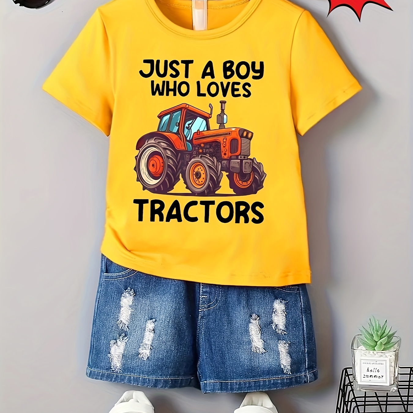 

Casual Versatile Boys' Summer Tops - Letters & Cartoon Tractor Print Short Sleeve Crew Neck T-shirt Cute Gift