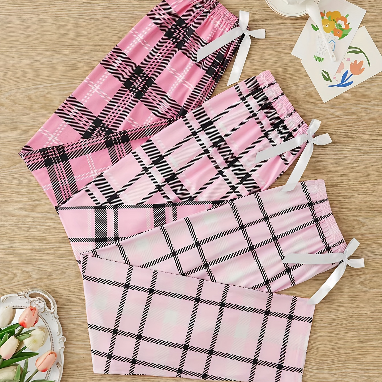

3 Pcs Women's Casual Plaid Print Bow Detail Sleep Pants, Comfortable Elastic Waistband, Soft Fabric, Perfect For Lounging & Sleepwear