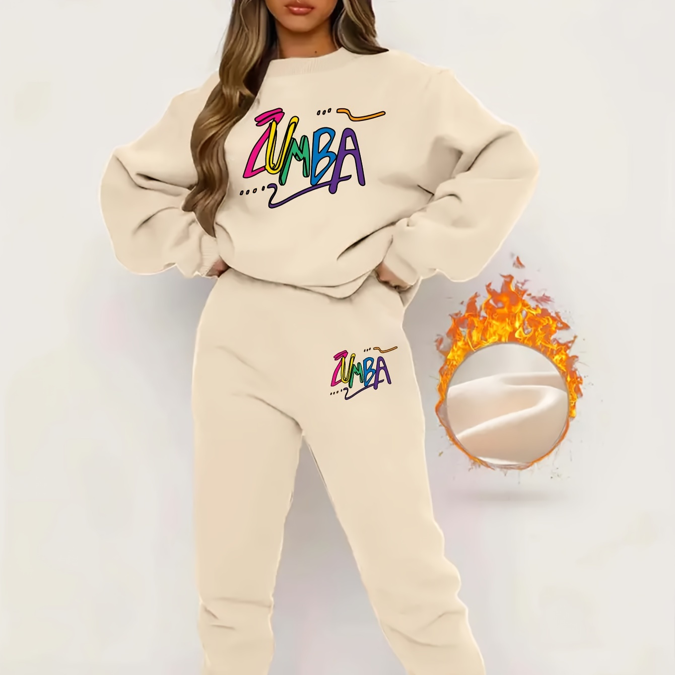 

1 Set Women's Zumba Letter Print Fashion Sportswear, Crew Neck Long Sleeve Pullover Top With Waist Joggers, Polyester Knit Fabric, Non-stretch, Applique Detail, Winter Activewear Set