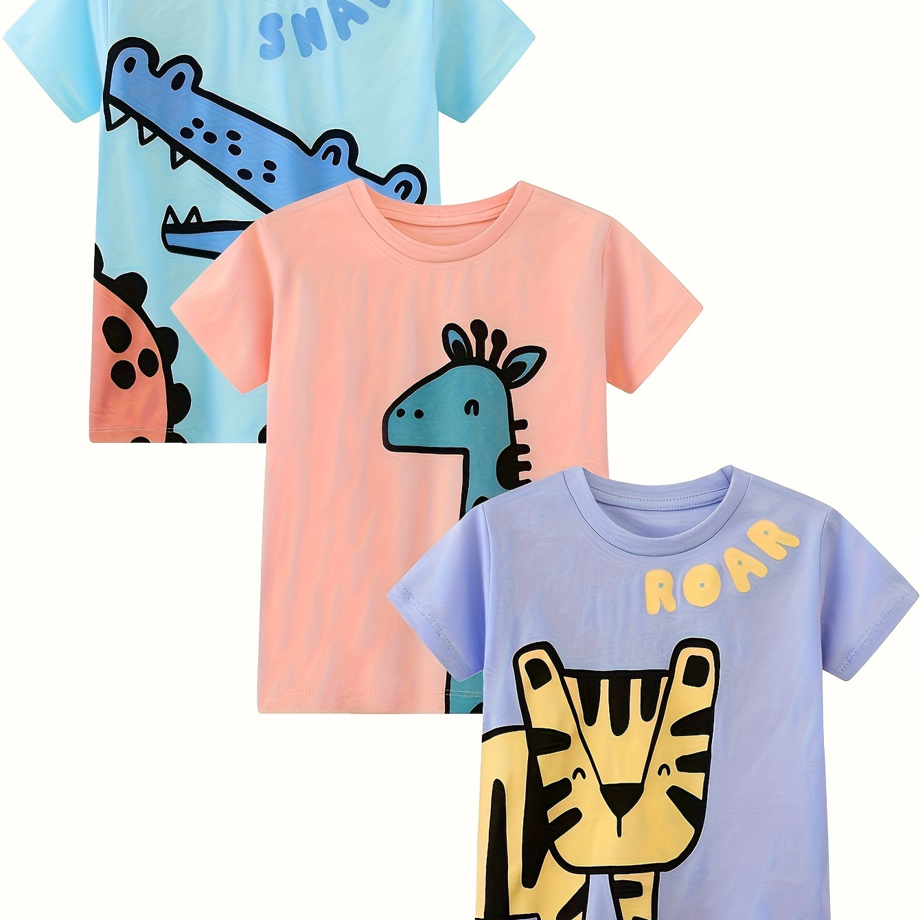 

3 Combination Boys Short Sleeve T-shirt Round Neck Jumper Cotton Casual Comfortable Cartoon Animal Giraffe Crocodile Random Print -shirt -7y