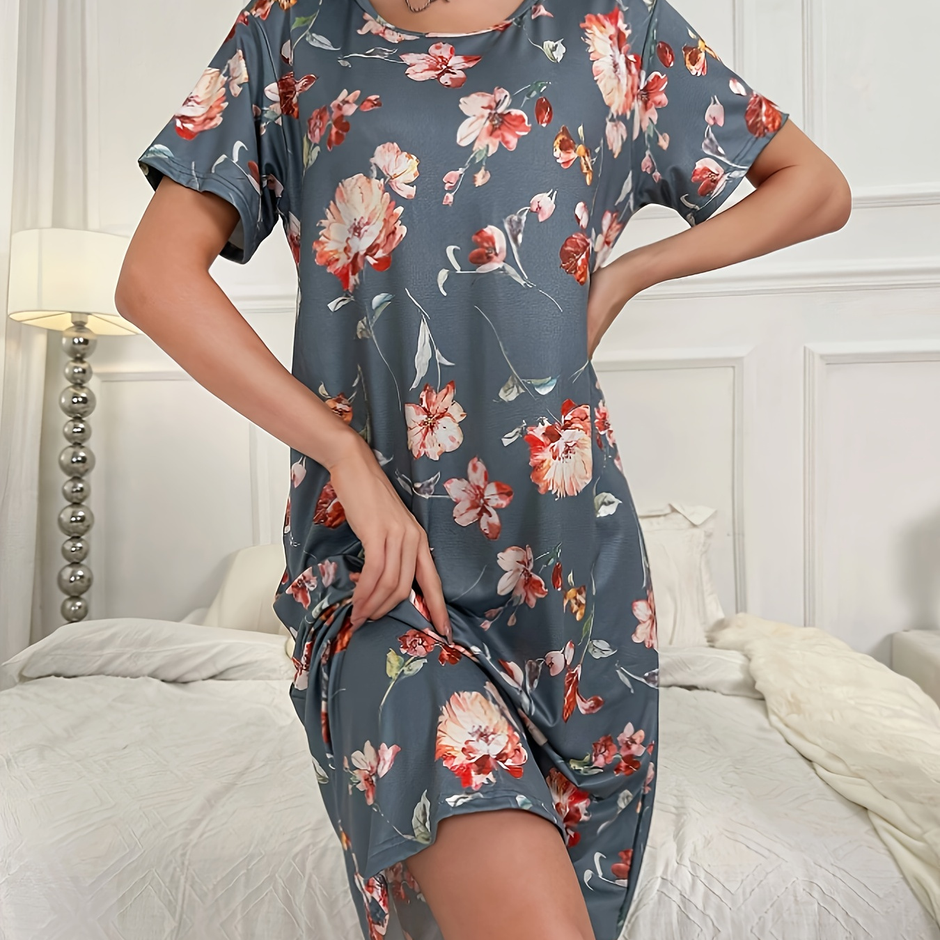 

Women's Floral Print Casual Sleepwear Dress, Short Sleeve Round Neck Tee Dress, Comfortable Nightgown