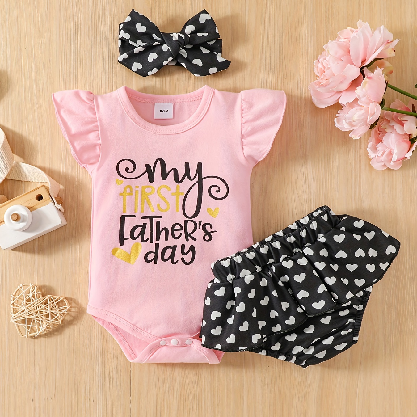 

3pcs Baby Infant Girls "my First Father's Day" Short Sleeve Onesie Romper & Shorts & Headband Set, Hot Sale Father's Day Outfits