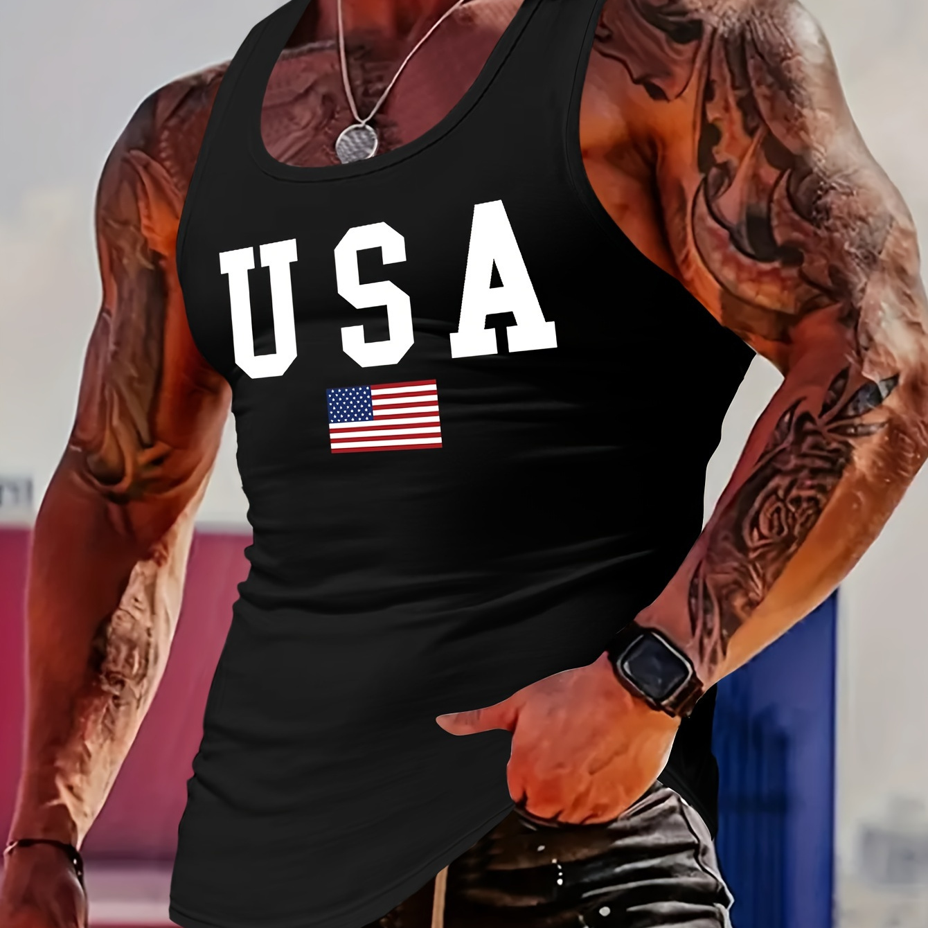 

Mbdmbd Men's Patriotic Usa Flag & Letter Print Tank Top - Slim Fit, Breathable Polyester-elastane , Machine Washable, Round Neck Sleeveless Vest For Summer Casual Wear