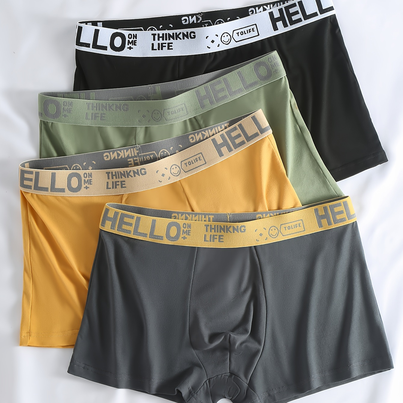 

4pcs Men's Underwear, 'hello' Print Fashion Breathable Comfy High Stretch Boxer Briefs Shorts, Sports Trunks