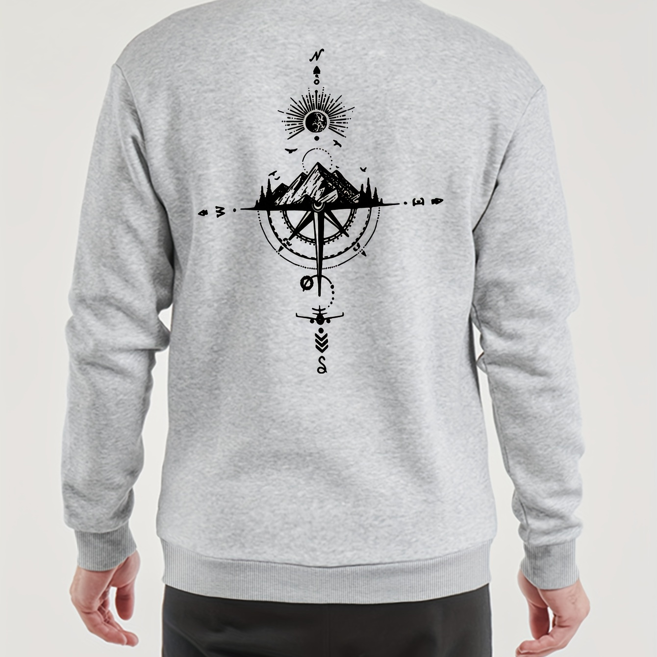 

Men's Casual Geometric Compass Print Sweatshirt, Polyester, Regular Fit, Long Sleeve, Crew Neck, Stretch Knit Fabric, Fashionable Sports Hoodie