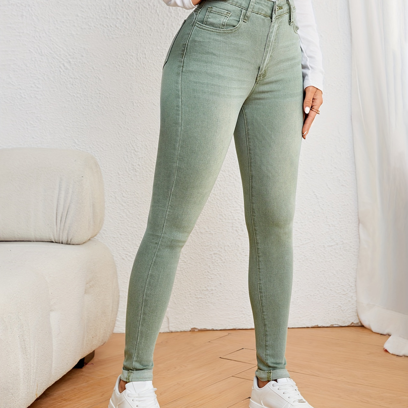 

Women's Slim Fit High-waisted Jeans, Casual Style Stretchy Denim, Skinny Leg Pants, Plain Olive Green, Fashionable Daily Wear - Perfect For Fall & Winter
