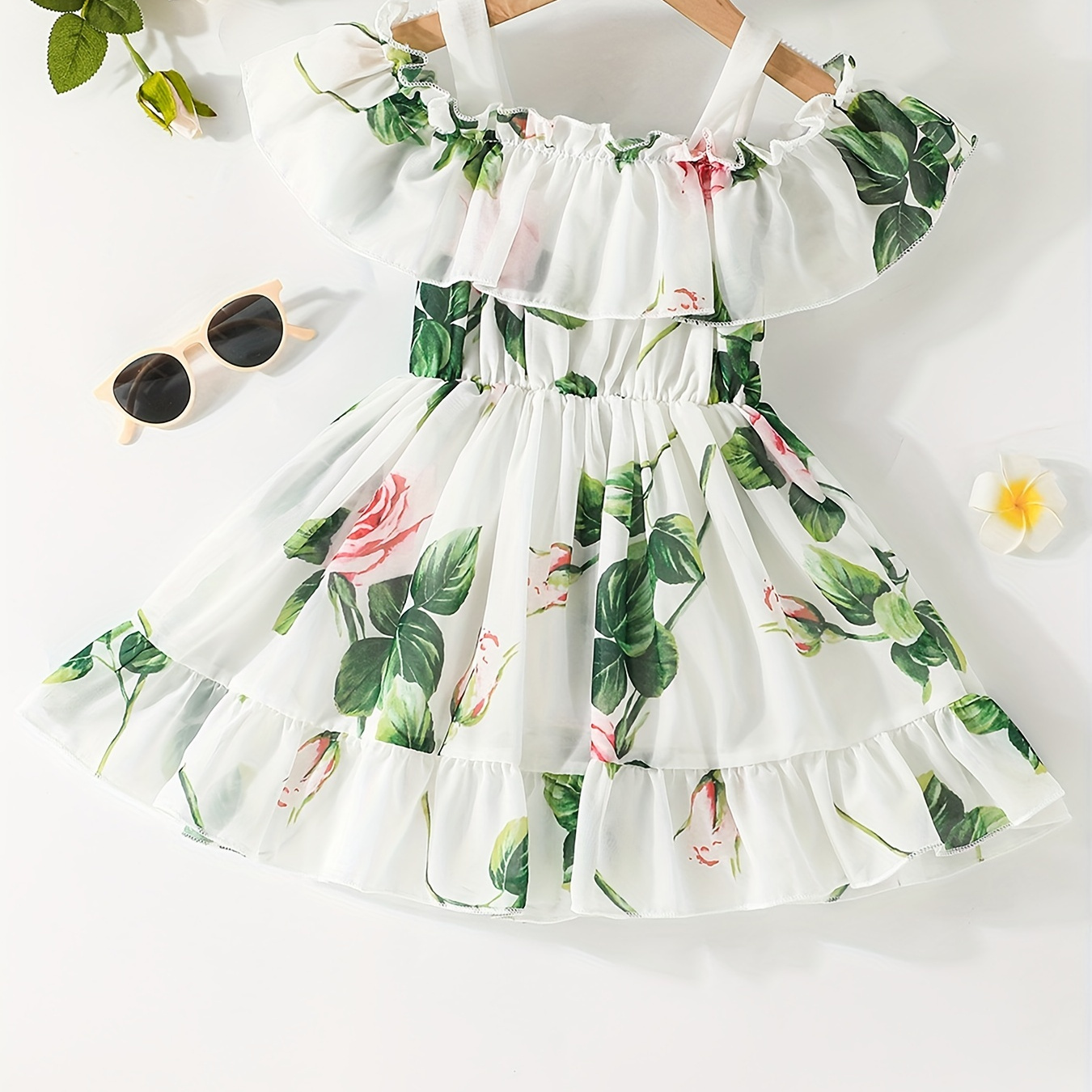 Baby Girls Cute Casual Floral Graphic Off Shoulder Thin Strap Dress, Fashion Clothes