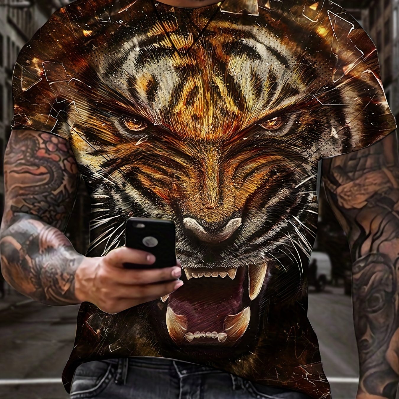 Mens Fashionable Casual Animal Tiger Pattern Print Round Neck