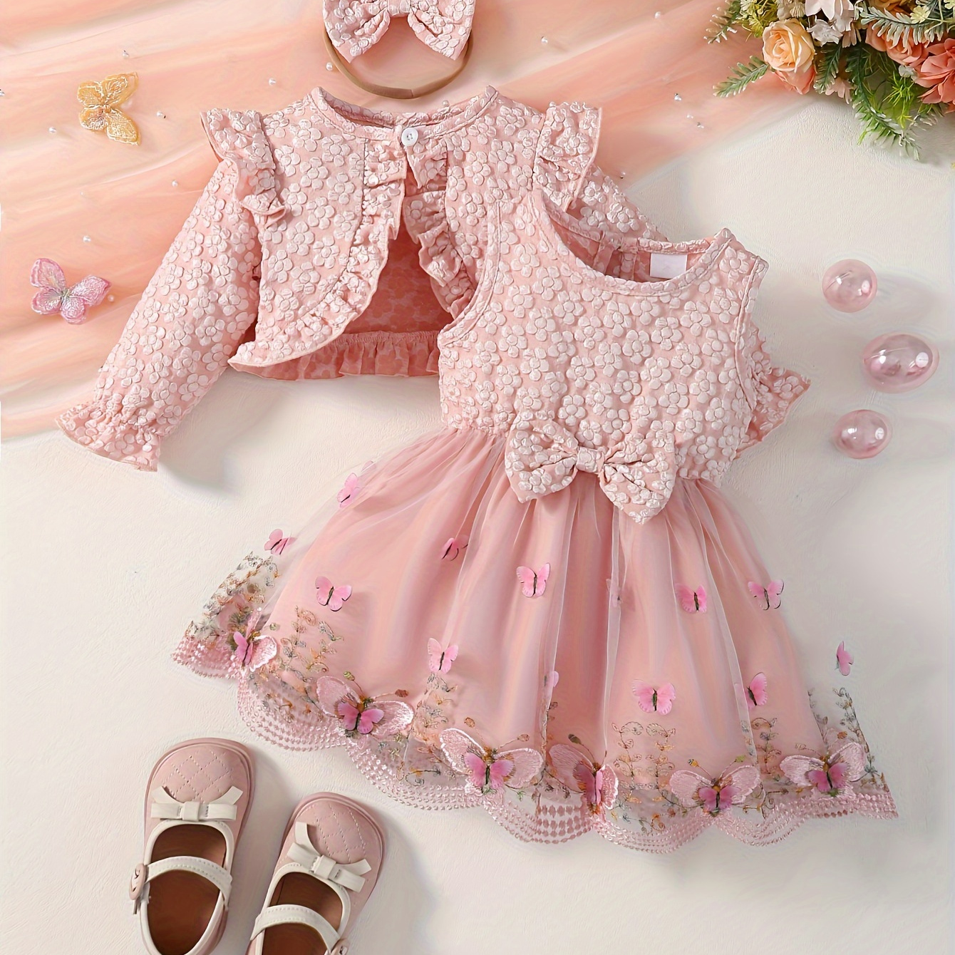 

2pcs Baby's Elegant Butterfly Embroidery Mesh Splicing Dress + Flower Jacquard Cardigan + Headwear, Toddler & Infant Girl's Clothing Set For Spring Fall