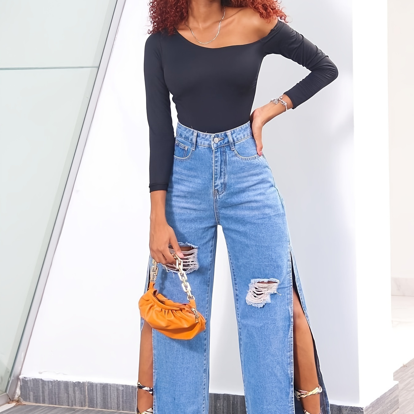 Blue Ripped Straight Jeans, Distressed High Waist Slash Pockets Wide Leg  Loose Fit Denim Pants, Women's Denim Jeans & Clothing