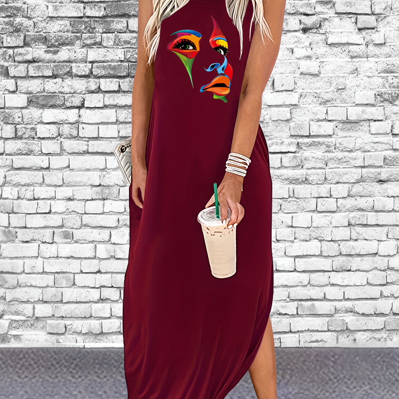 

Face Print Tank Dress, Casual Crew Neck Sleeveless Dress For Summer, Women's Clothing