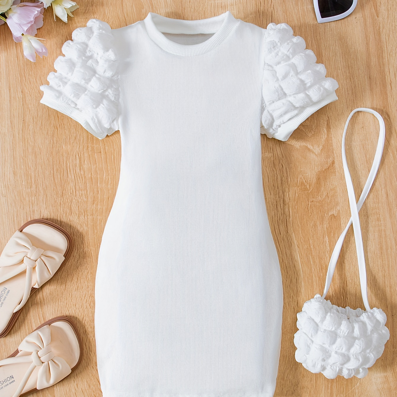 

Elegant Girls Solid Puff Short Sleeve Bodycon Dress With Bag Spring Summer Gift Party