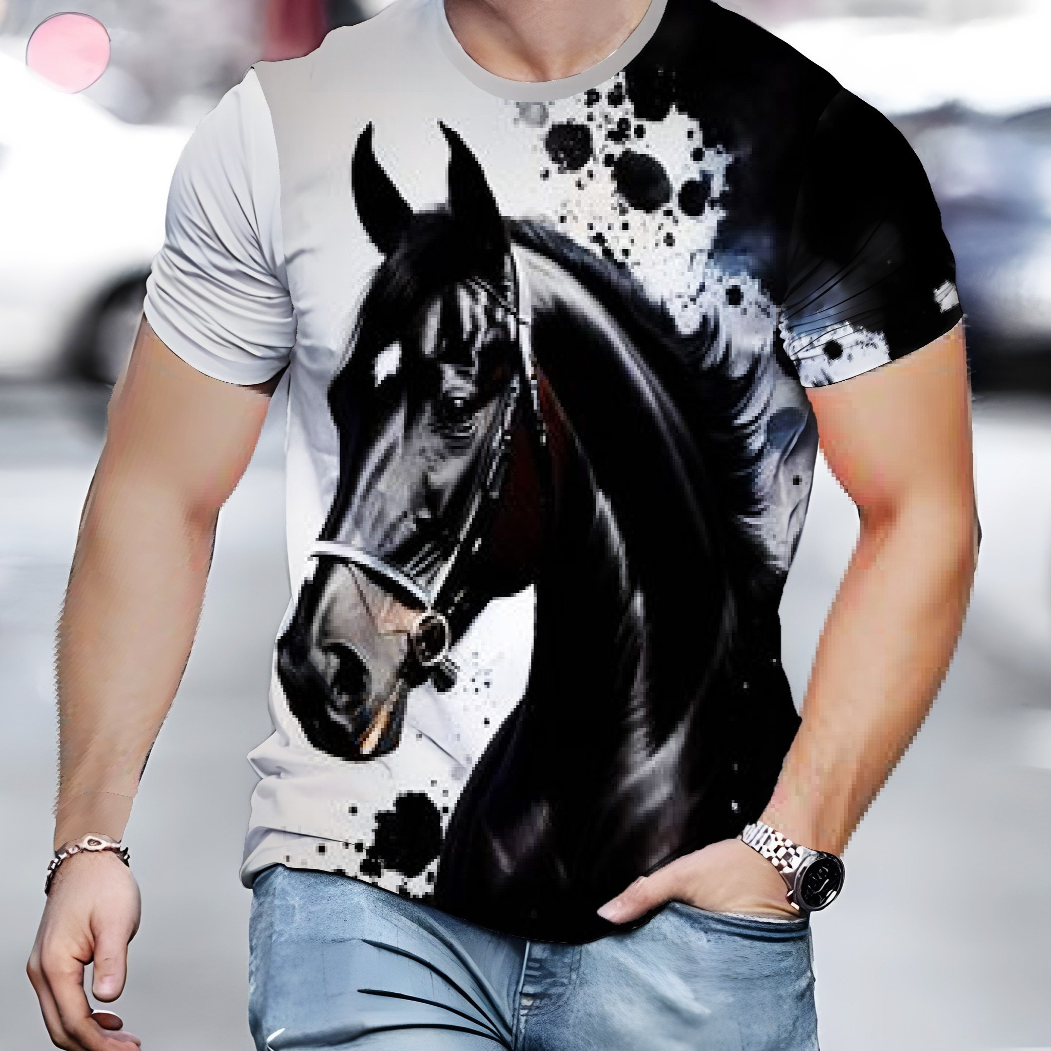 

Men's Casual Crew Neck Graphic T-shirt With Stylish Horse Print, Trendy Printed Short Sleeve Top For Summer Daily Wear