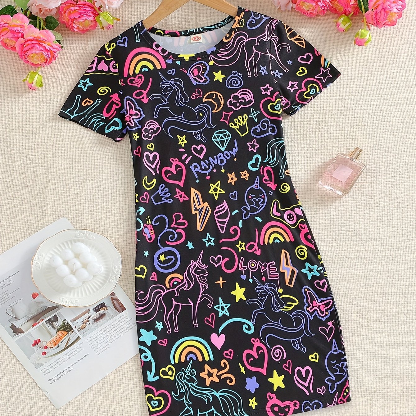 

Colorful Cartoon Rainbow And Unicorns Graphic Print, Girls' Crew Neck Dress For Summer, Casual Short-sleeved Clothing For Girls, As Gifts