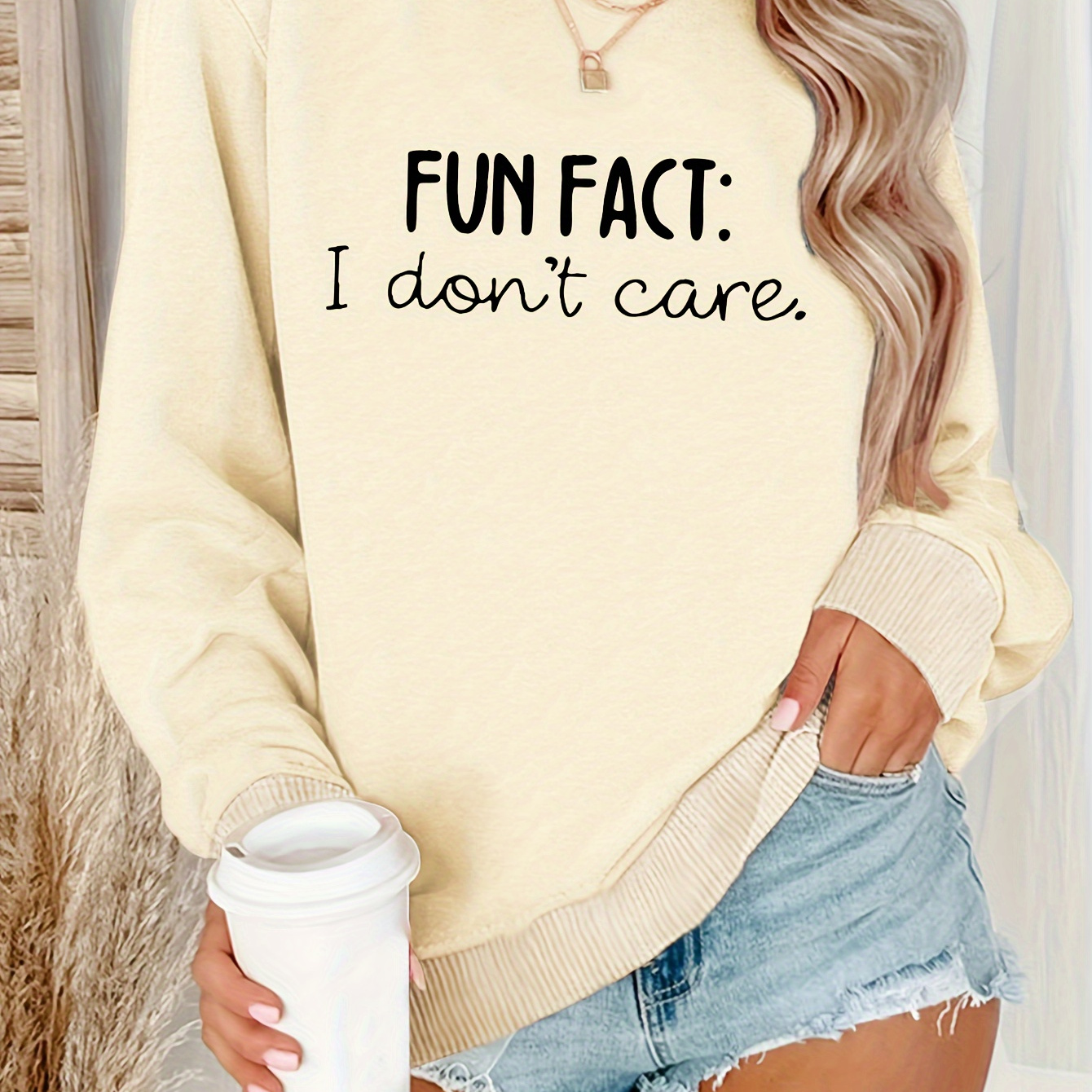 

Fun Fact: I Don't Care Sweatshirt - Casual Polyester Hoodie With Embroidered Lettering, Round Neck, Knit Fabric, Fall/winter Collection