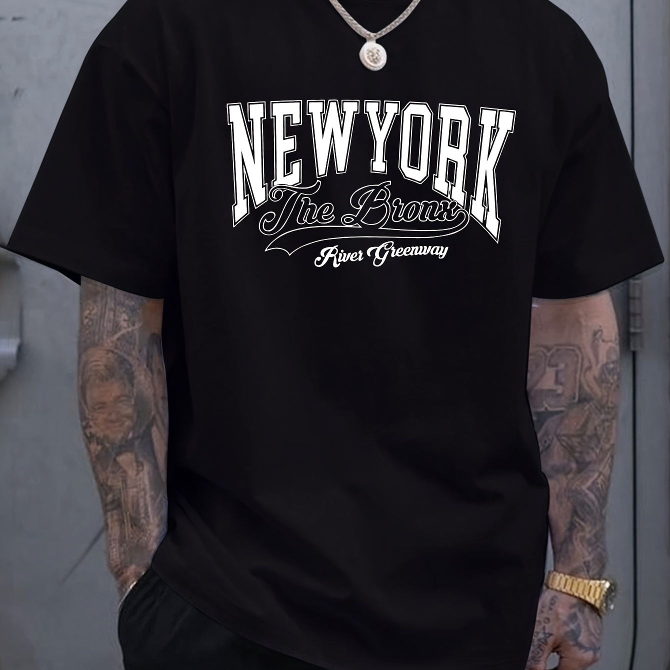 

New York Letter Print Men's Short Sleeve T-shirts, Comfy Casual Elastic Crew Neck Tops For Men's Outdoor Activities