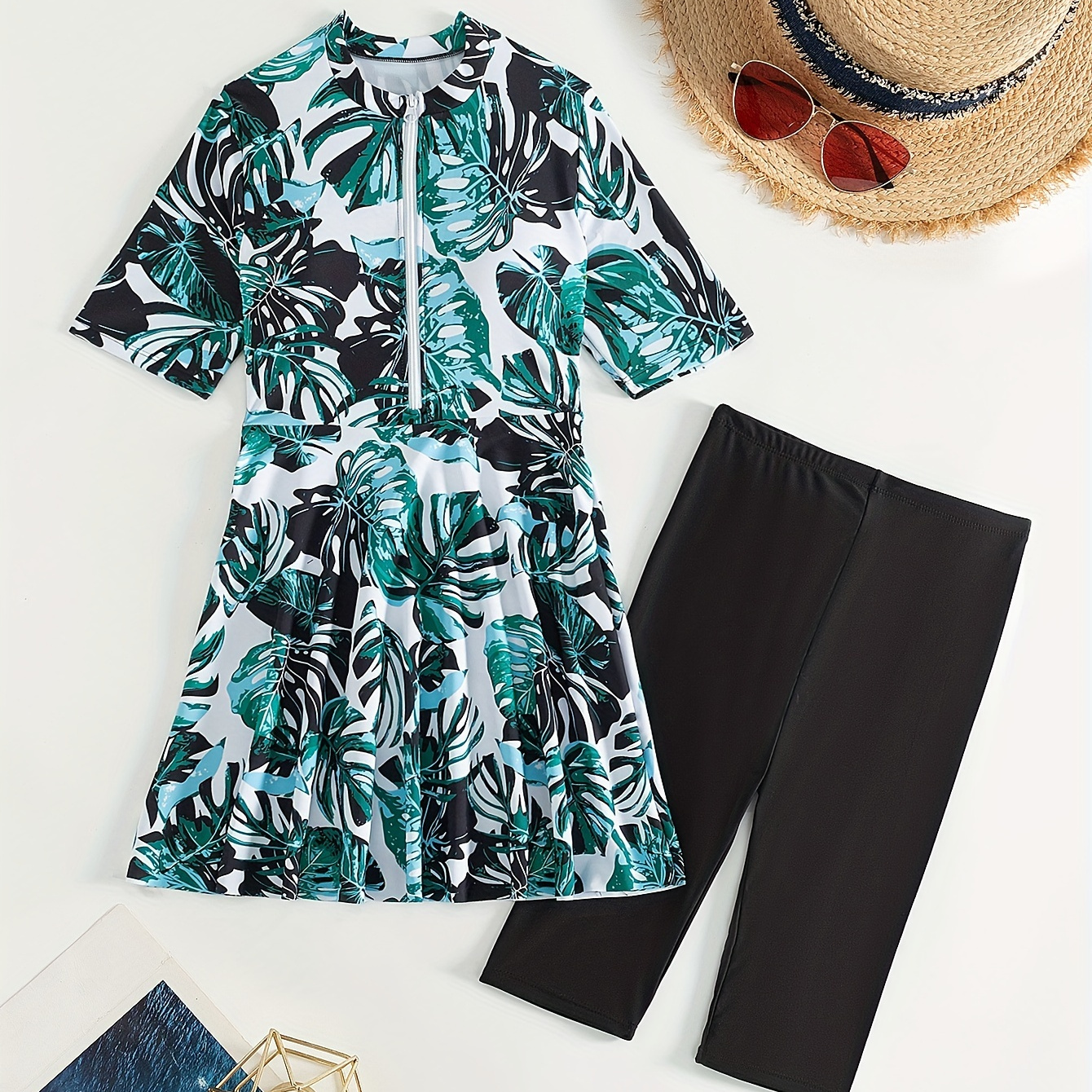 

Women's Palm Leaf Print Zip Front Dress 2 Piece Swimsuit Set, Sporty Style, Swimwear For Beach & Pool Activities