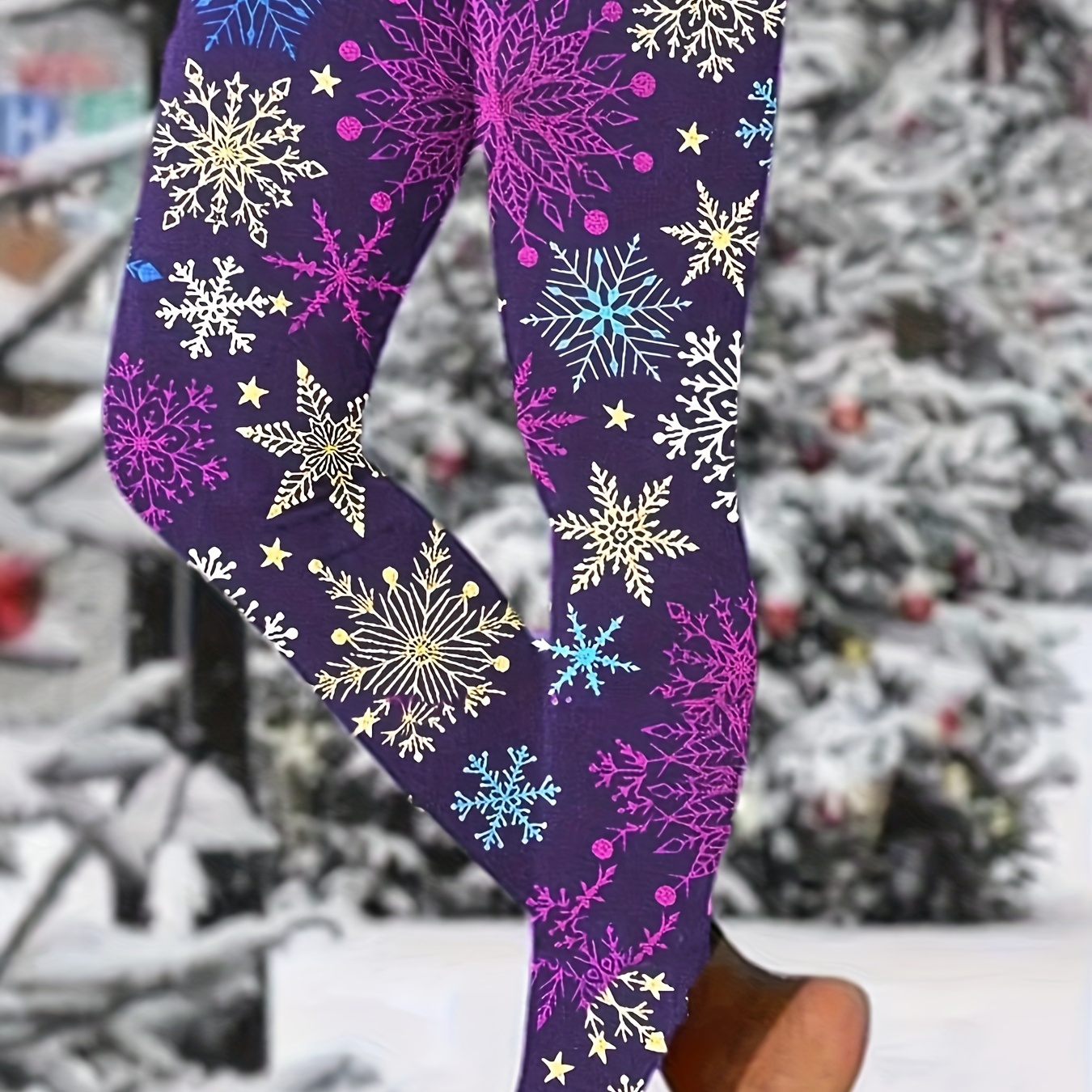 

Christmas Snowflake Print Skinny Leggings, Casual Elastic Waist Stretchy Leggings, Women's Clothing